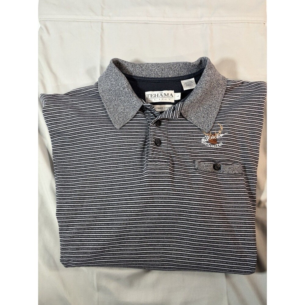 Vintage TEHAMA Elkhorn Sun Valley Polo Shirt Front Button Pocket Black Gray L